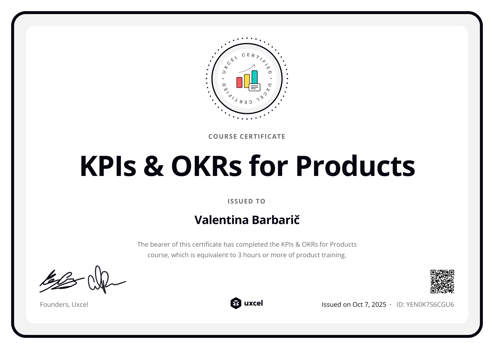 Valentina Barbarič's certificate